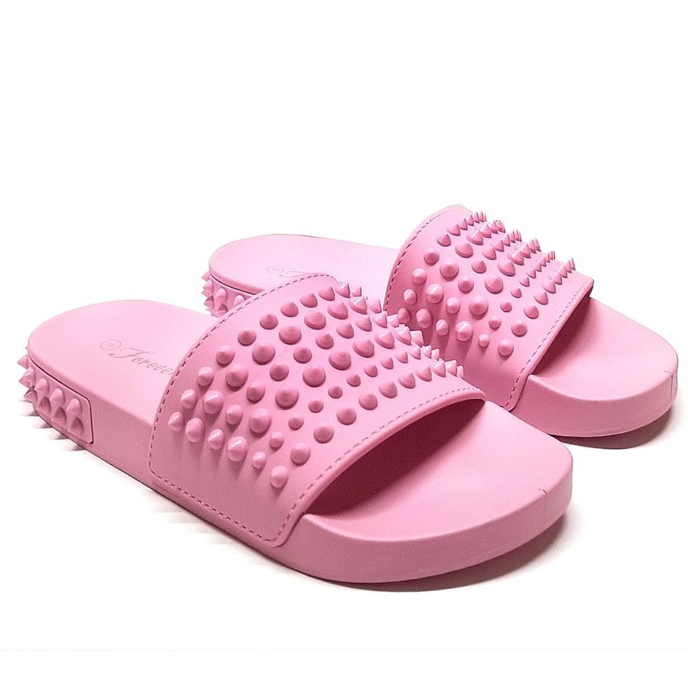 New Pink Studded Wide Band Rubber Slides Sandals
